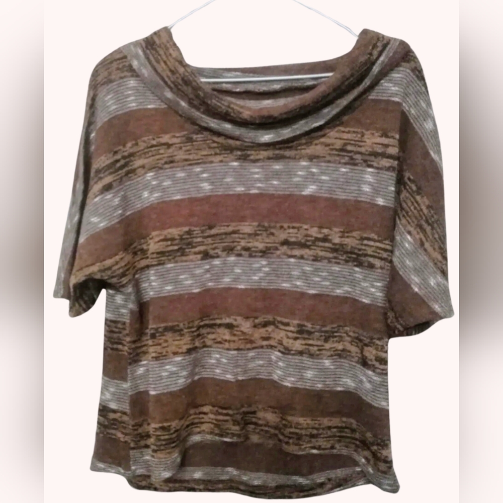 Suzy Shier size XL EUC brown & tan short sleeve cowl neck top - Picture 2 of 12